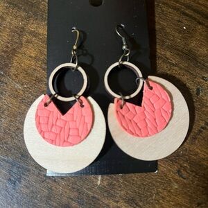 Coral and Tan Geometric Handmade Leather and Wooden Earrings